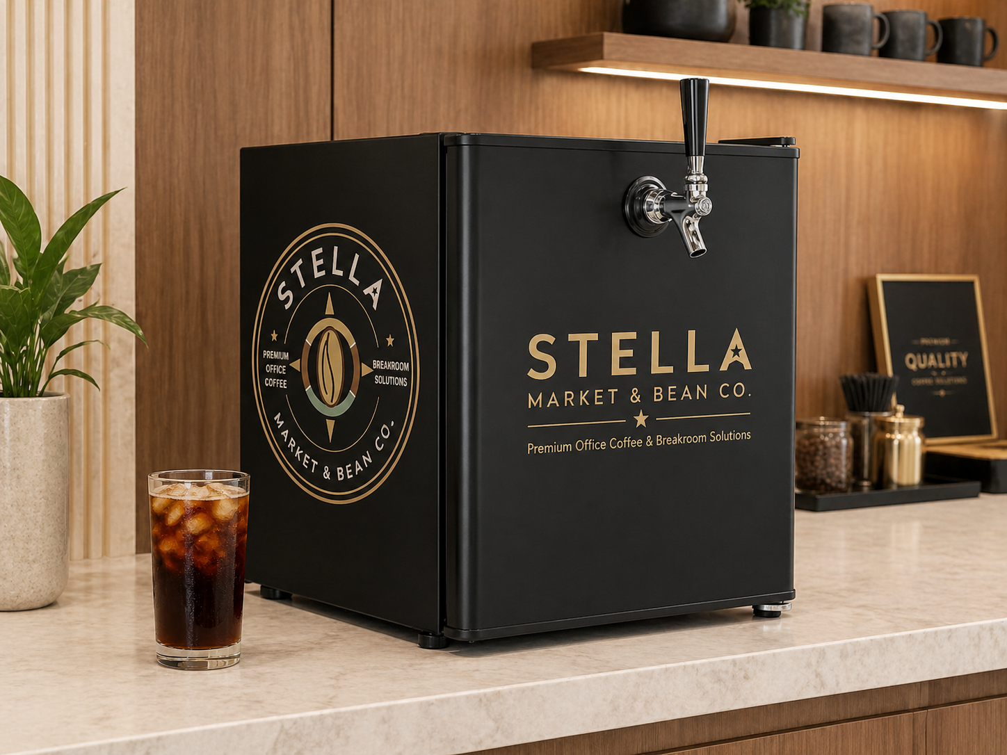 Cold brew coffee kegerator styled for office service