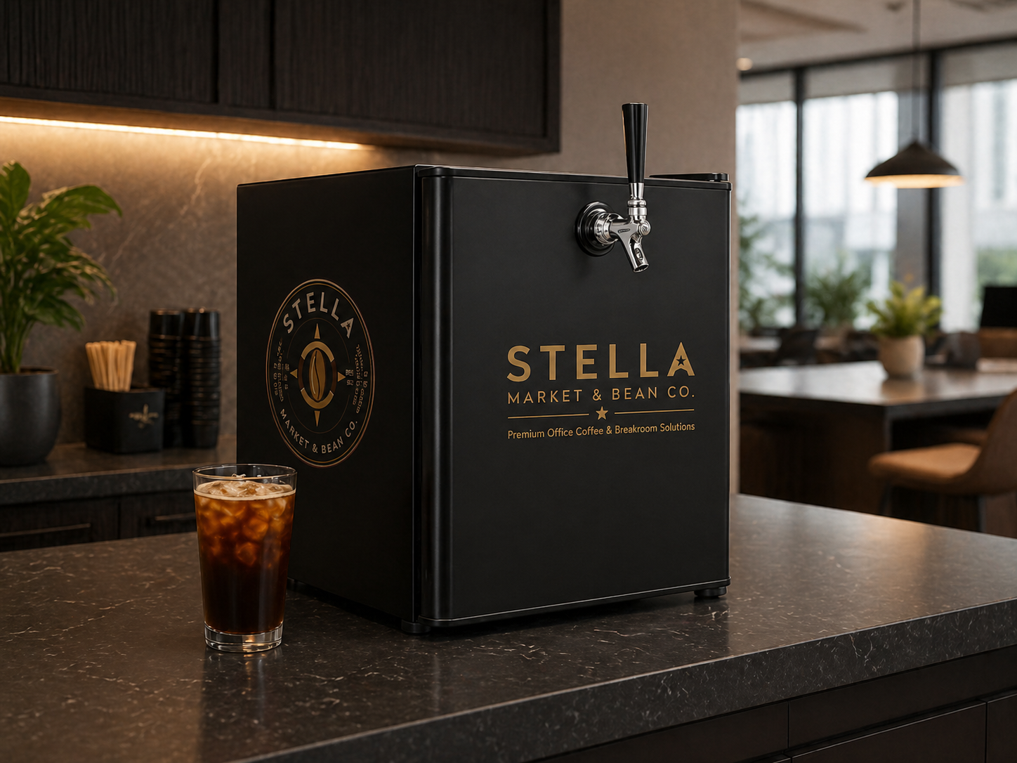 Stella Market cold brew coffee system on a modern office countertop