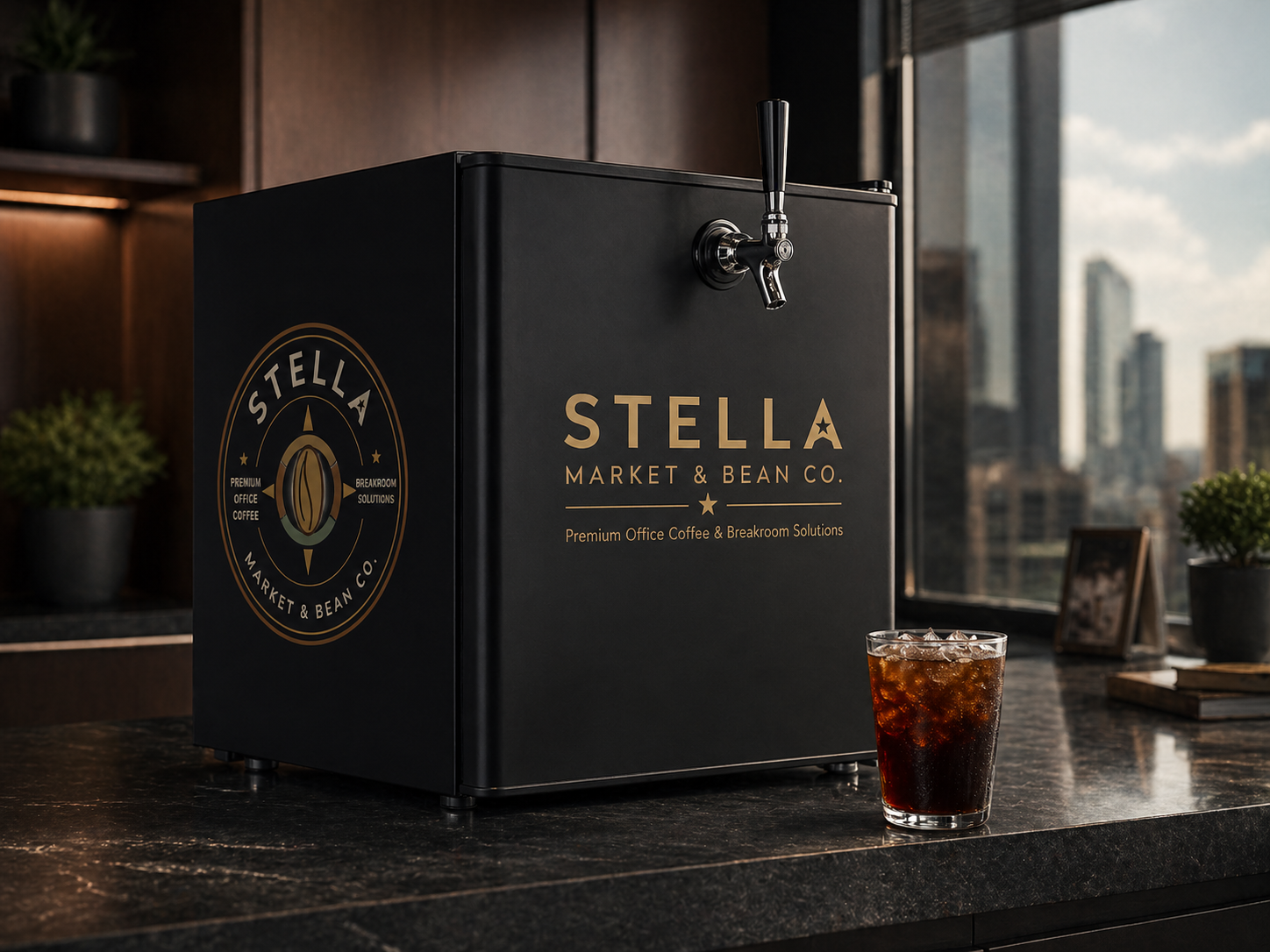 Stella Market cold brew coffee kegerator on a bright office countertop