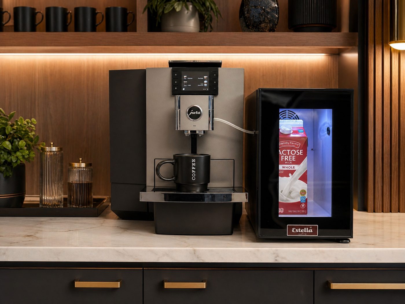 Jura machine and milk fridge in a premium office suite